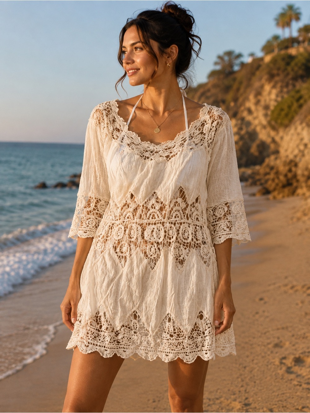 Women's Cream Lace Beach Cover-Up Tunic